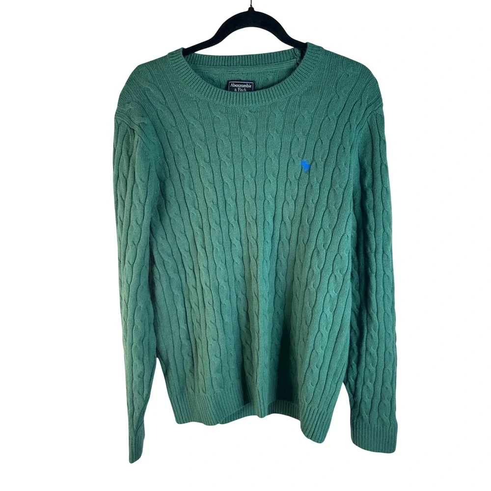 Abercrombie & Fitch Men's Green Cable Knit Merino Wool Blend Sweater Size Medium